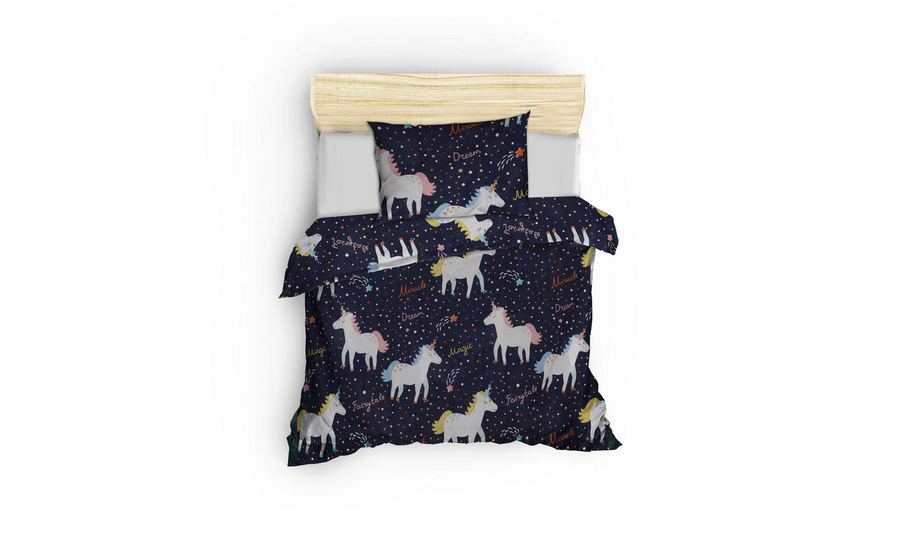 Lenjerie de pat pentru o persoana, Magic Unicorn - Dark Blue, Eponj Home, 65% bumbac/35% poliester - 1 | YEO