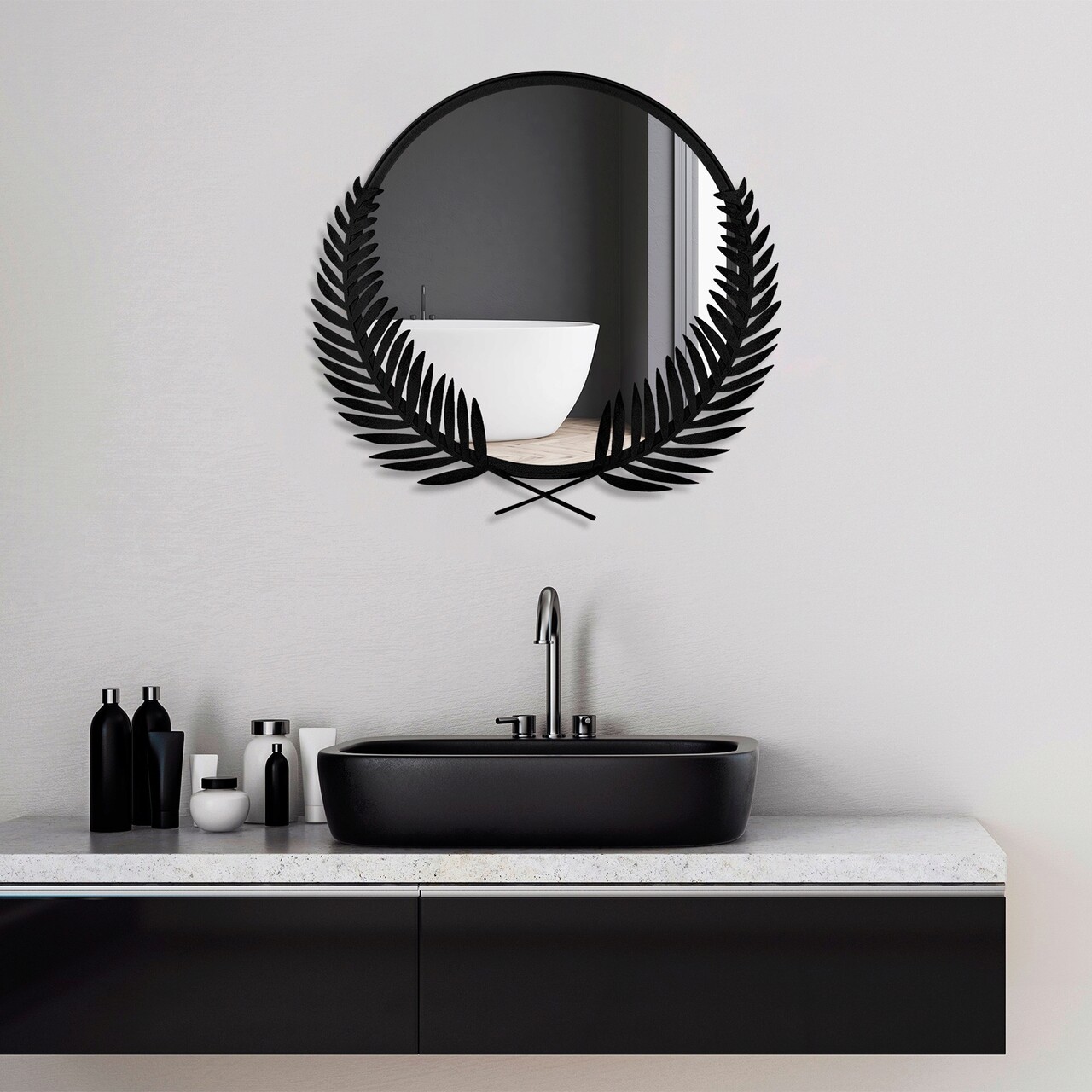 Oglinda Decorativa, Palm Mirror L, Metal, Dimensiune: 59 X 57 Cm, Negru