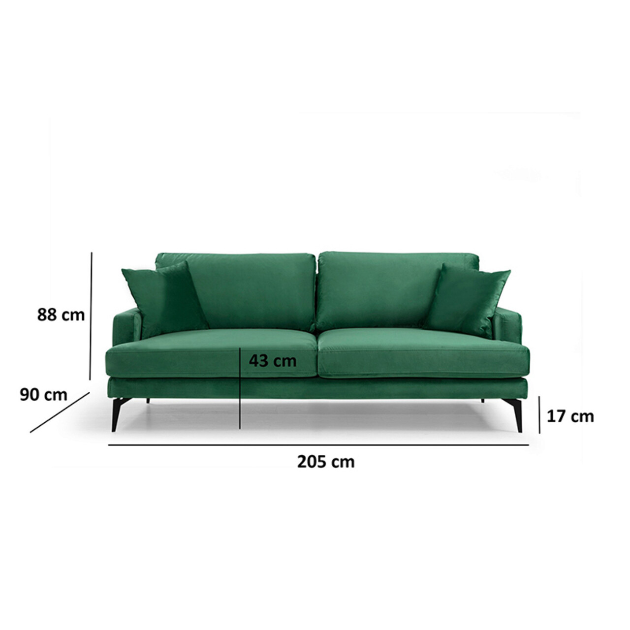 Canapea 3 locuri Fortune, Pakketo, 205x90x88 cm, catifea, verde/negru