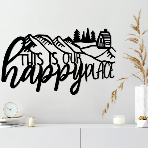 Decoratiune de perete, This Is Our Happy Place, Metal, Dimensiune: 68 x 1,5 x 40 cm, Negru