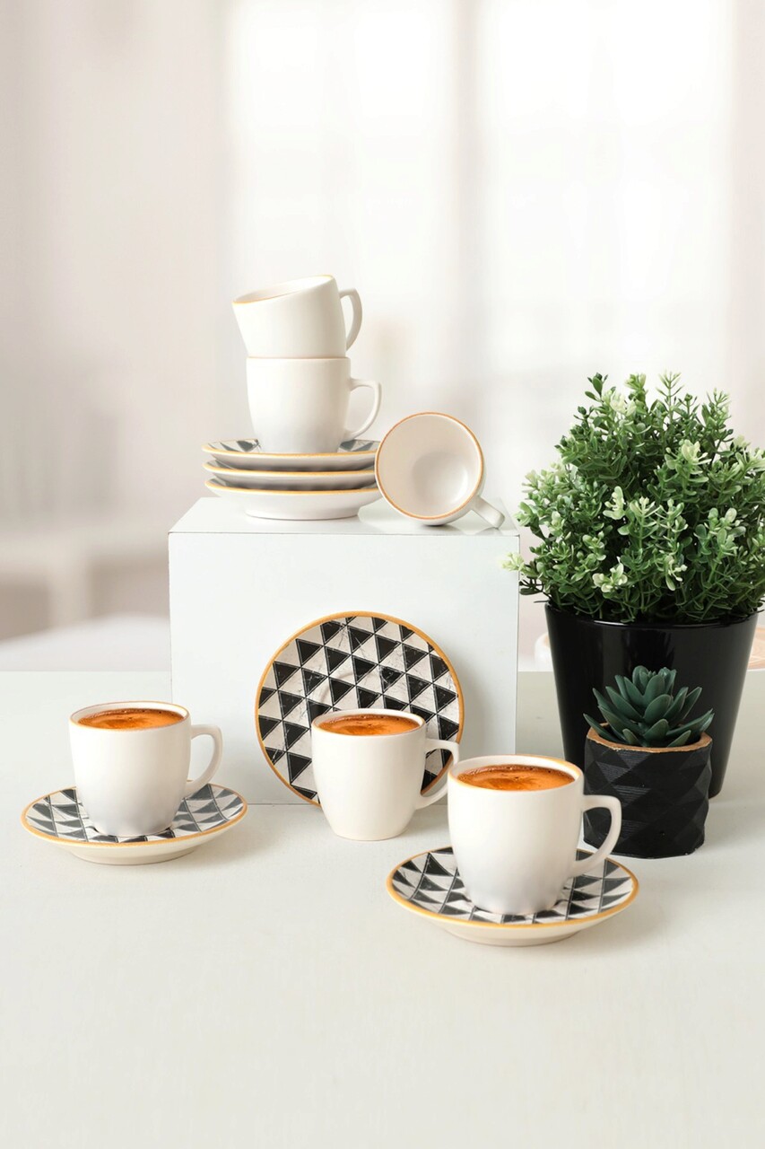 Set cesti de cafea, Keramika, 275KRM1925, 100% CERAMICA / , Dimensiune ceașcă de cafea: 6 x 6 x 6 cm / 110 ml (6 bucăți), Alb/Negru - 1 | YEO