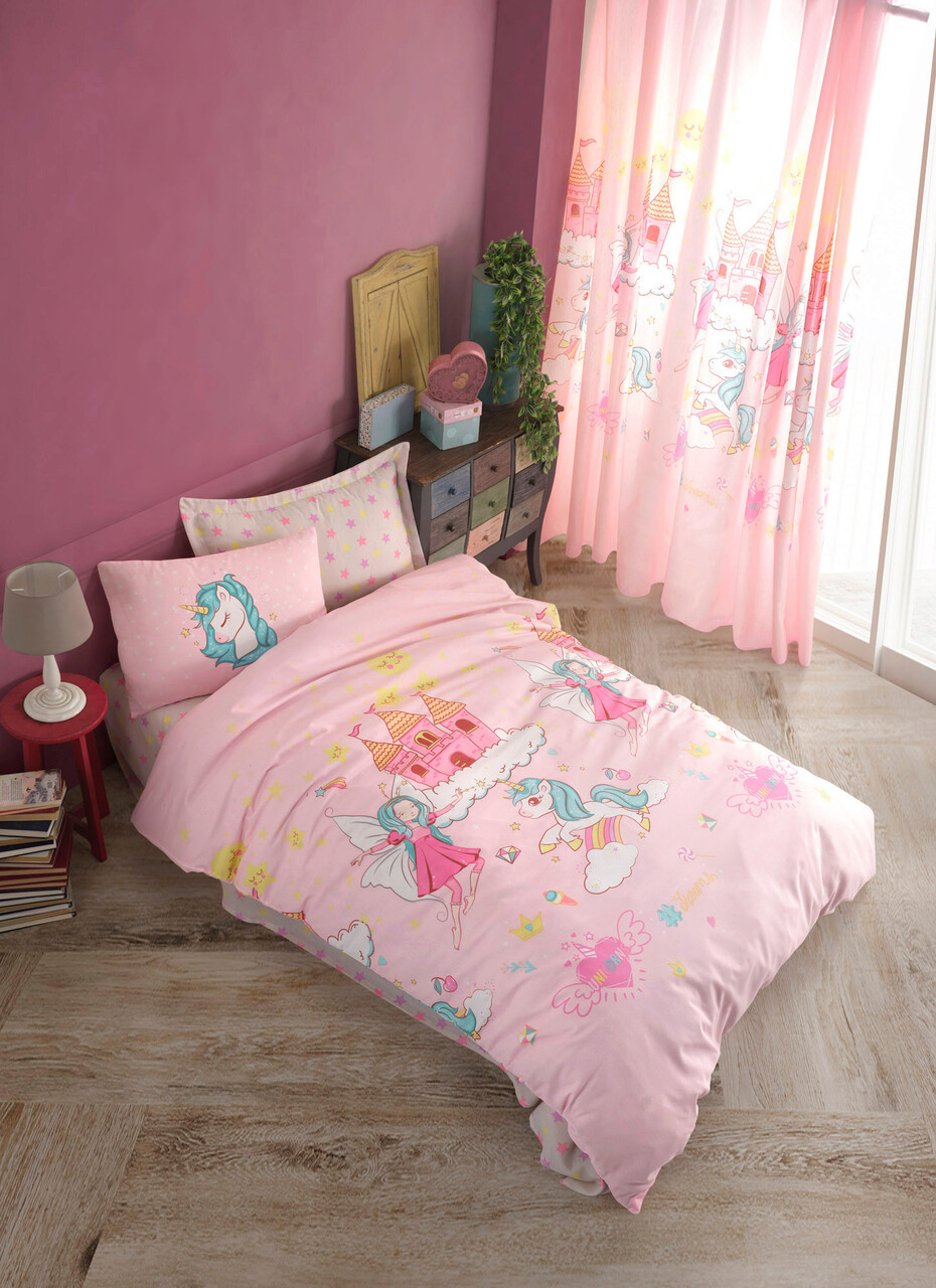 Set lenjerie de pat pentru o persoana Single XL (DE), 2 piese, Unicorn Dreams - Pink, Eponj Home, 65% bumbac/35% poliester