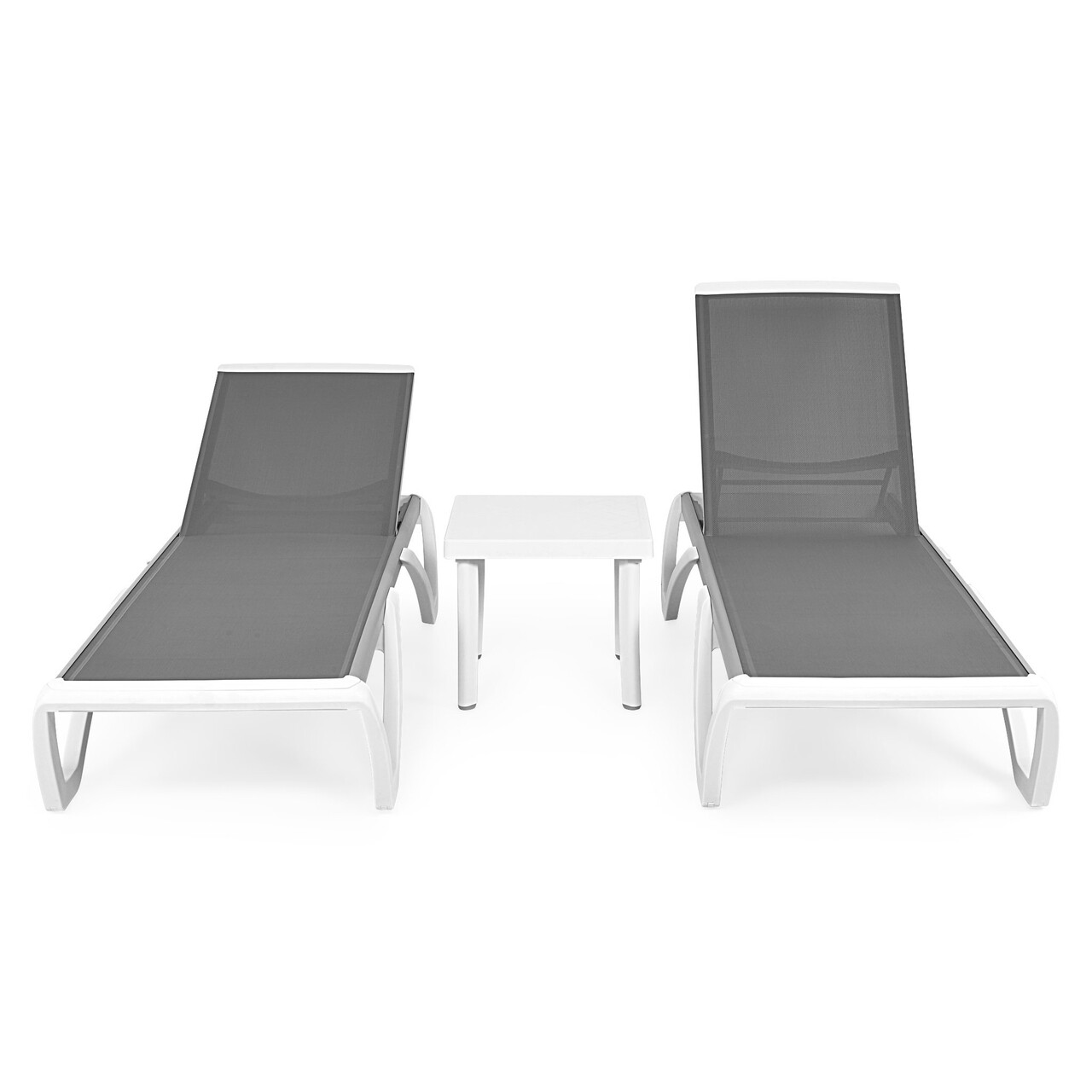 Set mobilier pentru gradina/terasa, 2 sezlonguri si masuta Yati, 170x69x31 cm/46.5x46.5x40 cm, aluminiu/polipropilena, alb/gri