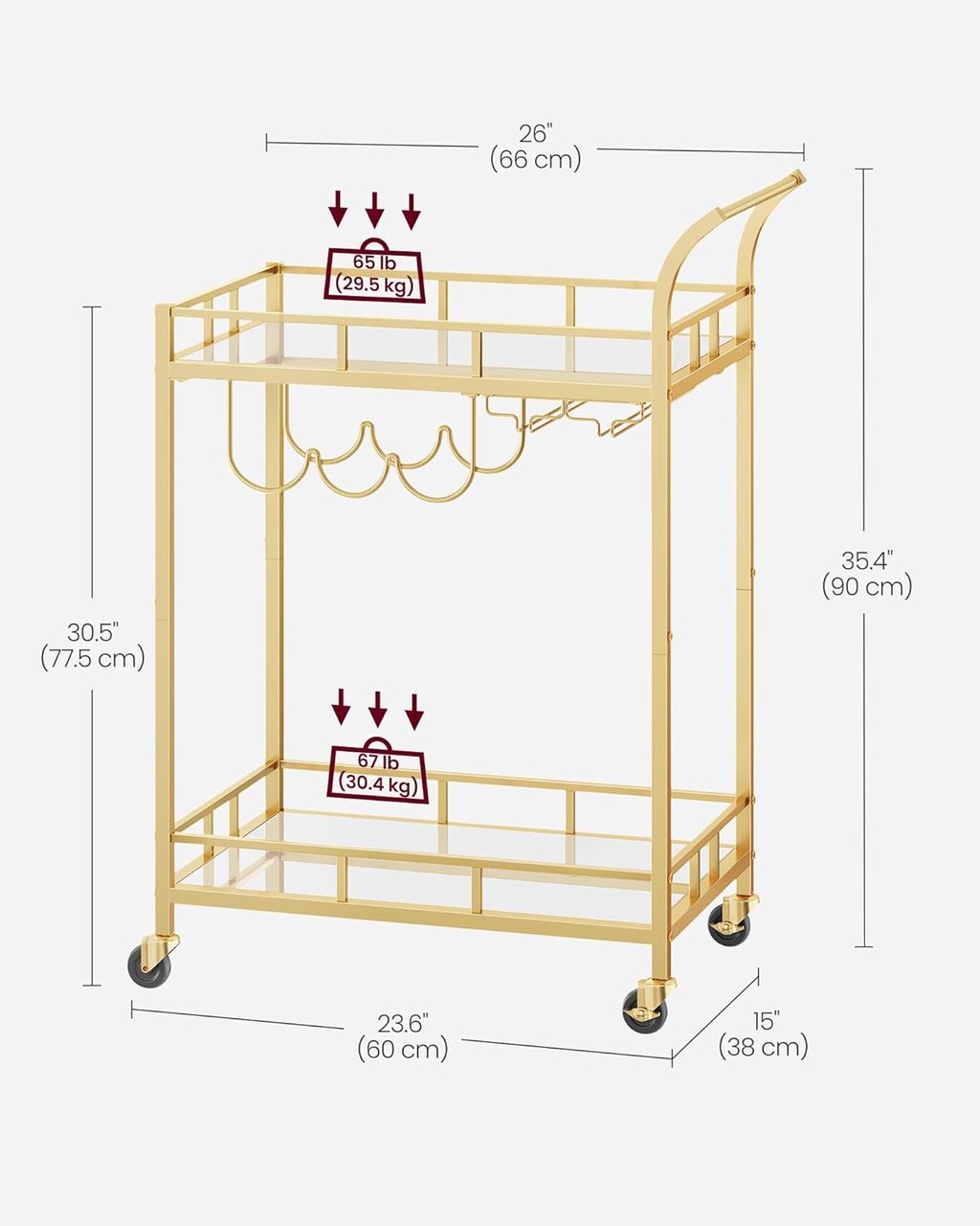 Carucior de servire Golden, Vasagle, 66x38x90 cm, otel/oglinda din sticla, auriu