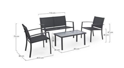 Set mobilier pentru gradina/terasa 4 piese Peder, Bizzotto, otel/textilena 2x1, gri carbune