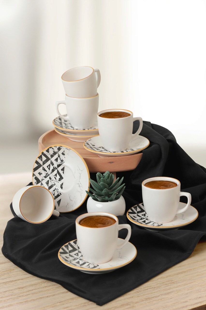 Set cesti de cafea, Keramika, 275KRM1926, 100% CERAMICA / , Dimensiune ceașcă de cafea: 6 x 6 x 6 cm / 110 ml (6 bucăți), Alb/Negru