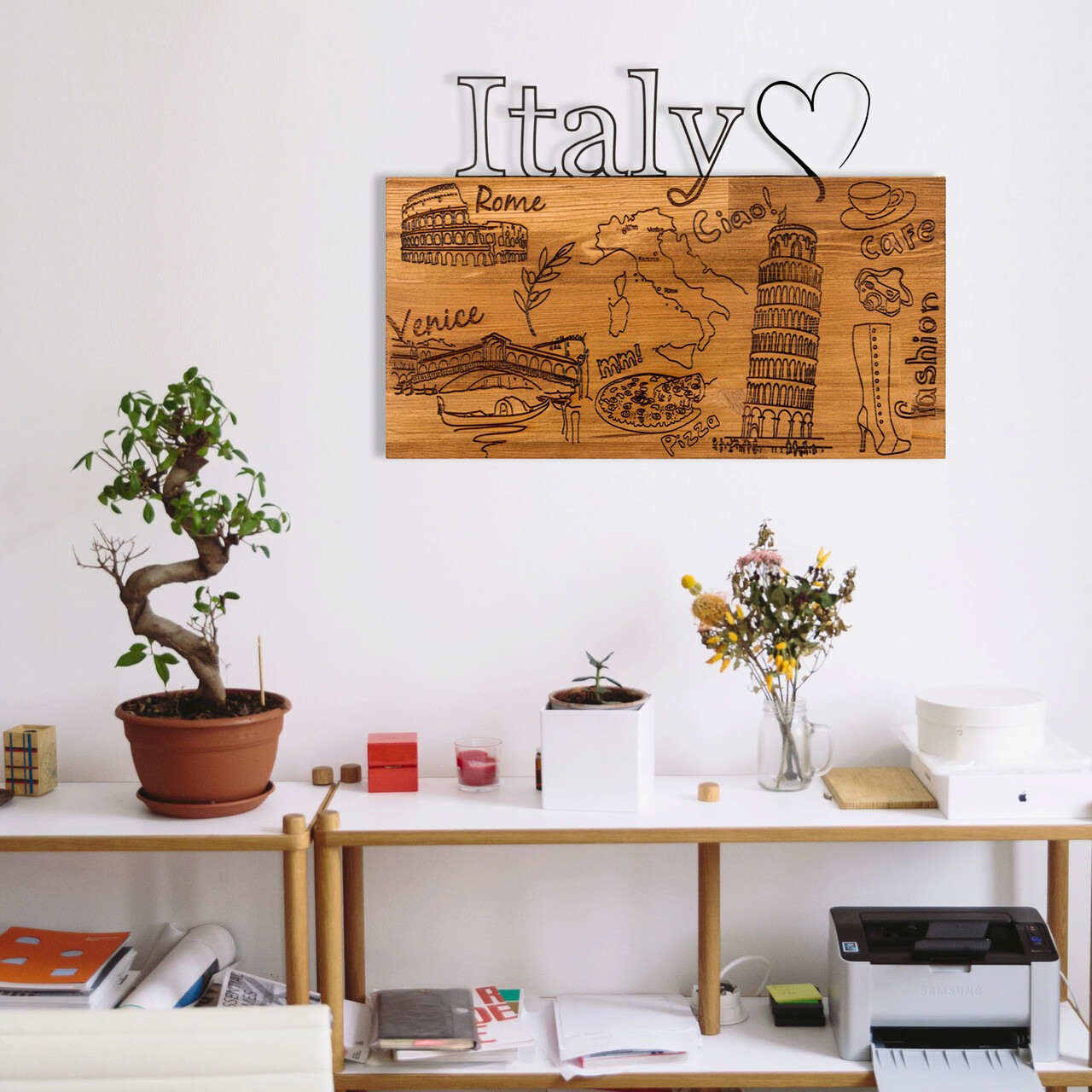 Decoratiune de perete, I Love You Italy, Metal, Cadru: 100% LEMN (grosime: 3 cm), Nuc negru