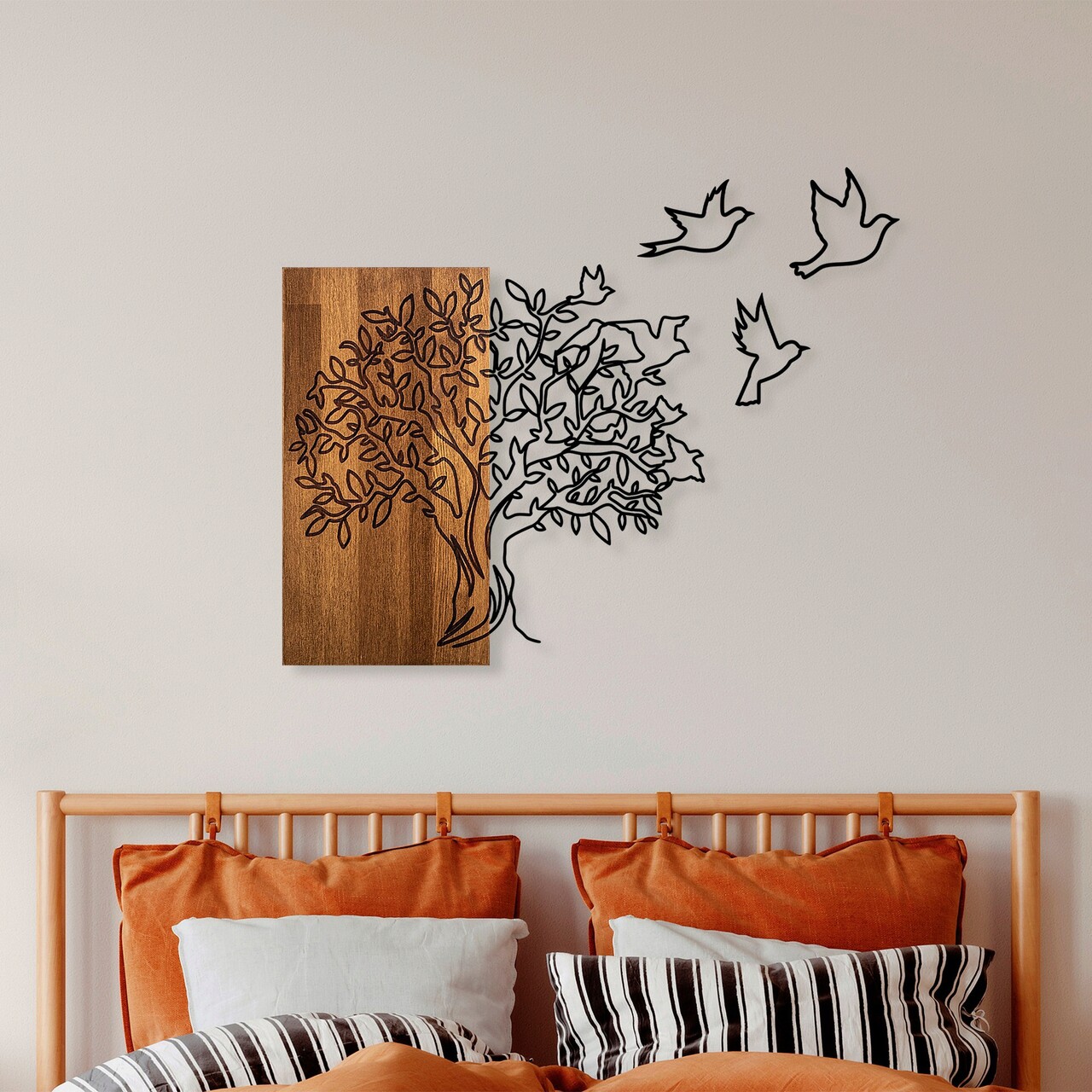 Decoratiune de perete, Tree And Birds 1, Lemn/metal, Dimensiune: 61 x 58 cm, Nuc / Negru - 1 | YEO