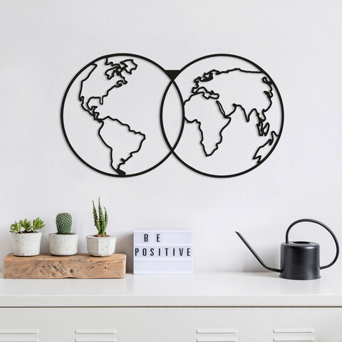 Decoratiune de perete, World Map, Metal, Dimensiune: 60 x 34 cm, Negru