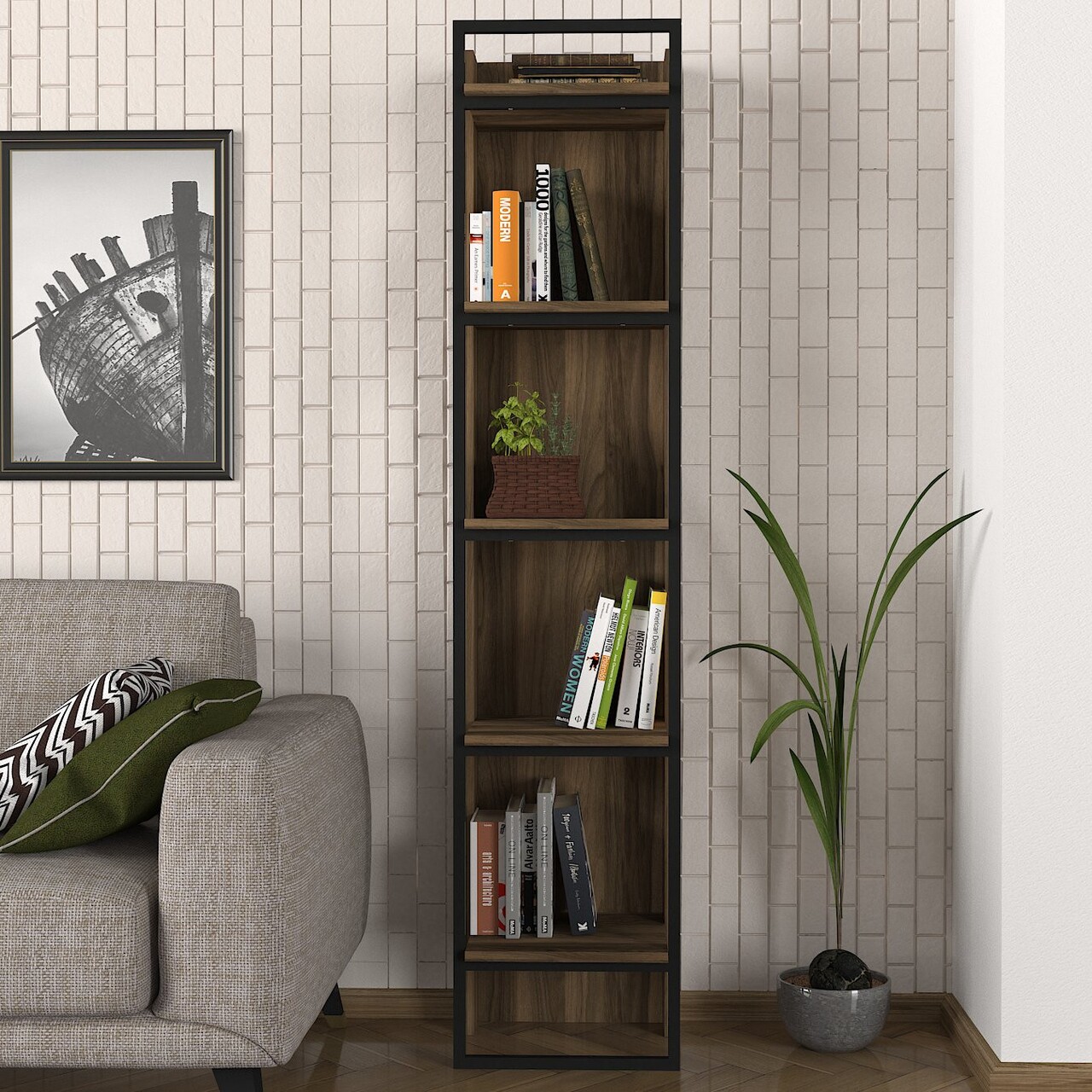 Biblioteca Kelvin, Tera Home, 39x36.6x180 cm, maro/negru - 1 | YEO