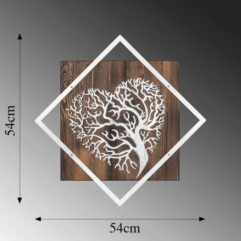 Decoratiune de perete, Tree v3, 50% lemn/50% metal, Dimensiune: 54 x 54 cm, Nuc / Argint