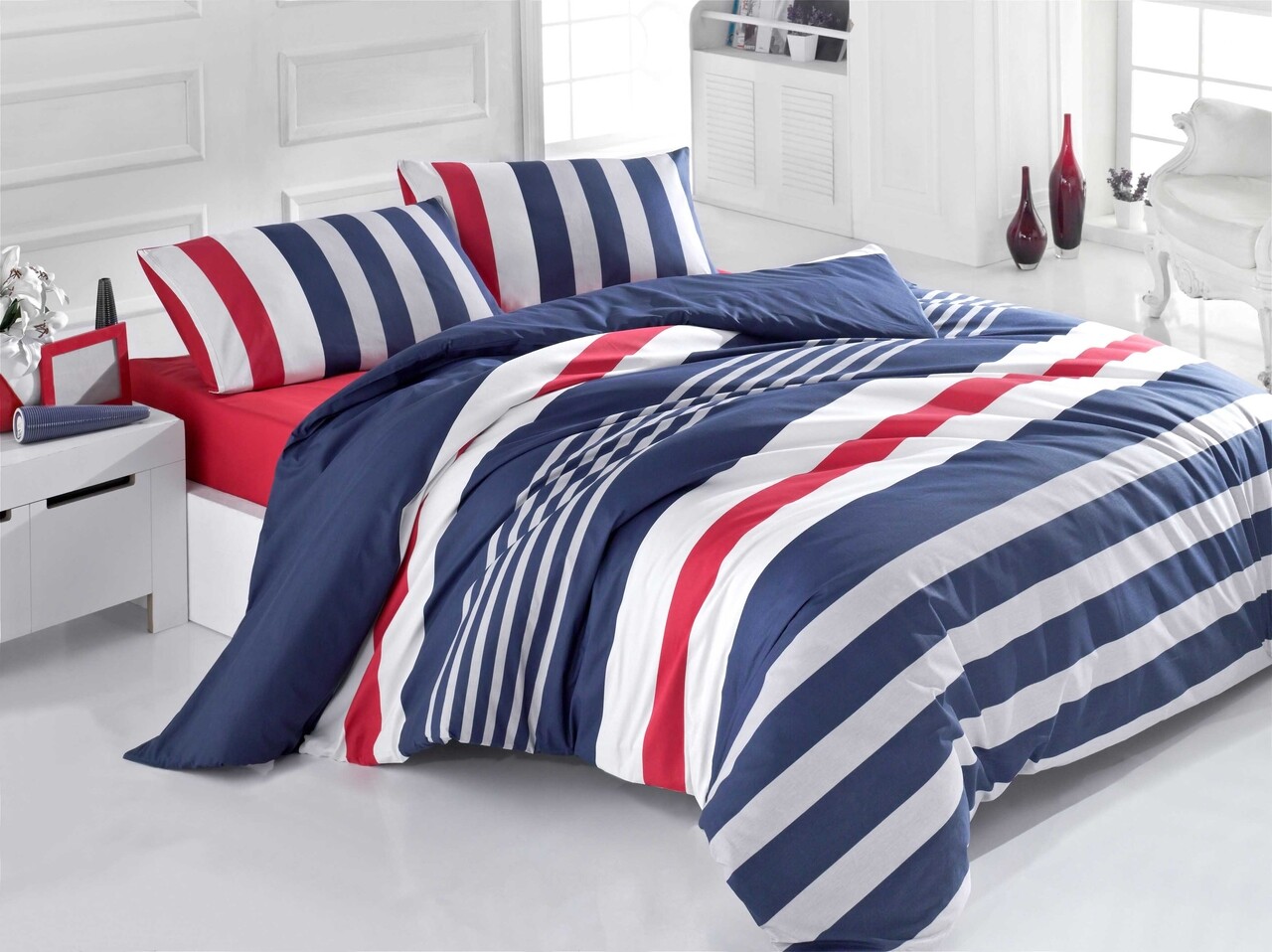 Lenjerie de pat dubla King (US) Stripe, Victoria, 3 piese, 260x220 cm, bumbac ranforce, negru/gri