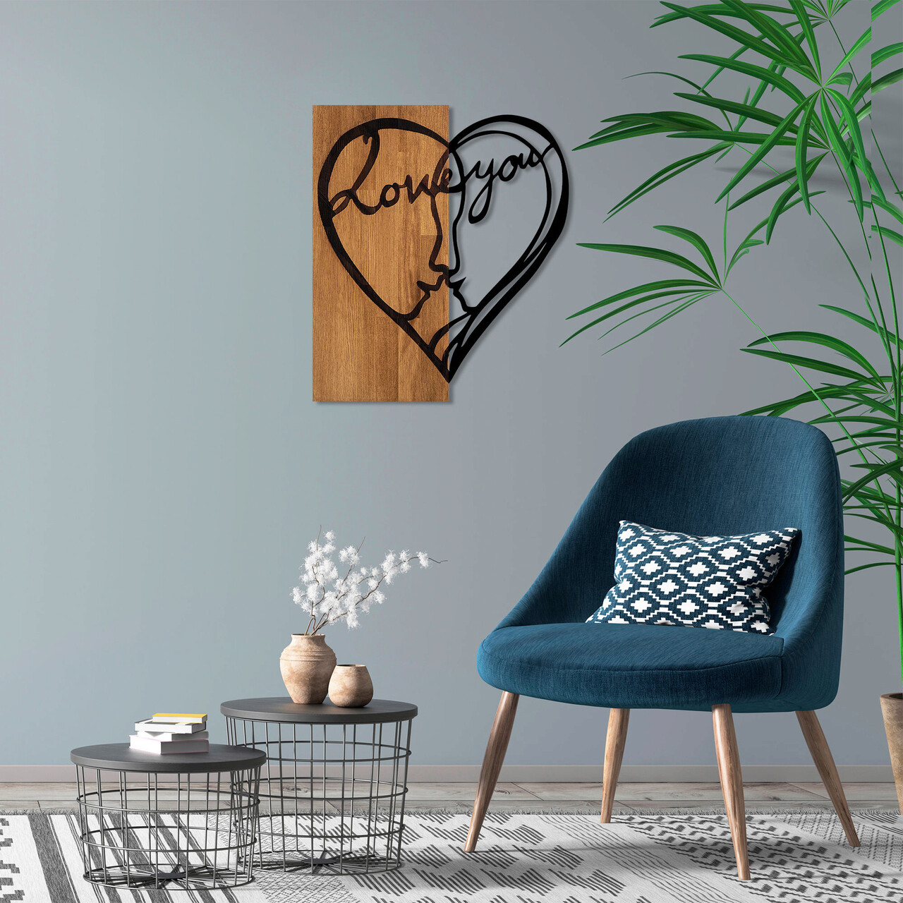 Decoratiune de perete, i Love You, 50% lemn/50% metal, Dimensiune: 54 x 58 cm, Nuc / Negru