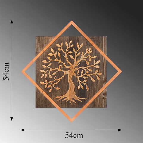 Decoratiune de perete, Tree v2, 50% lemn/50% metal, Dimensiune: 54 x 54 cm, Nuc / Cupru