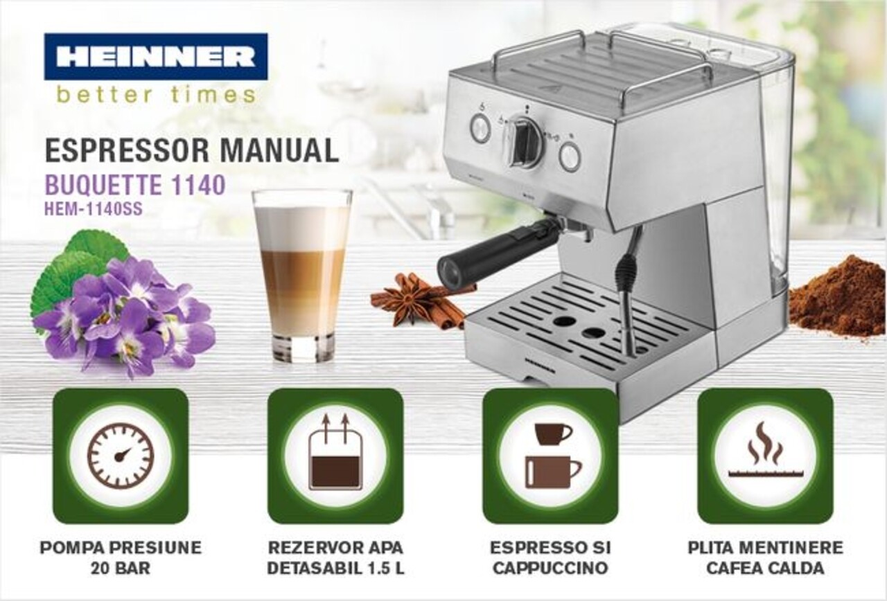 Espressor Heinner, 1140 W, 1.5 L, gri - 1 | YEO