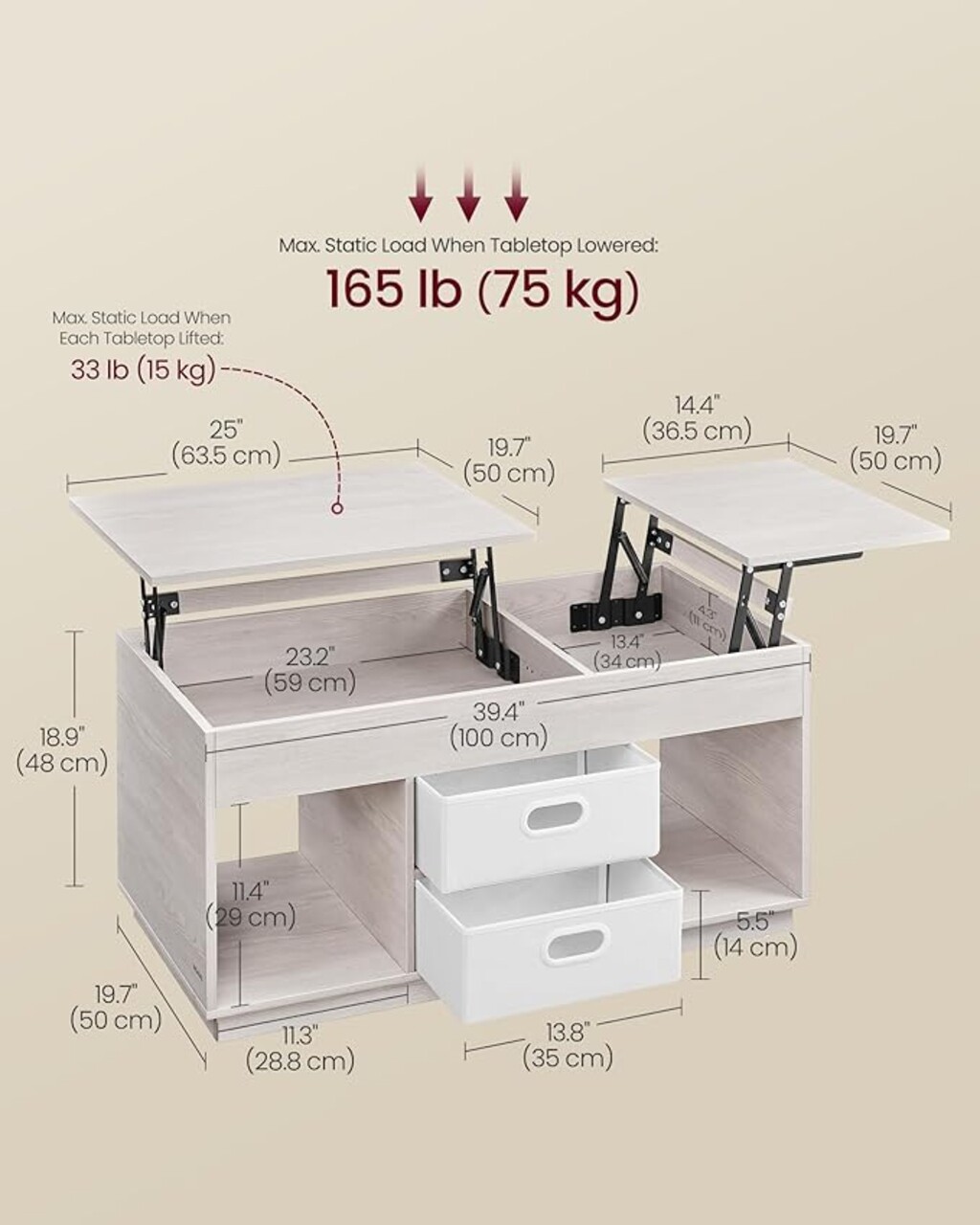 Masuta de cafea cu blaturi rabatabile, Vasagle Lift-Top, 100x50x48-62.3 cm, PAL/otel, bej