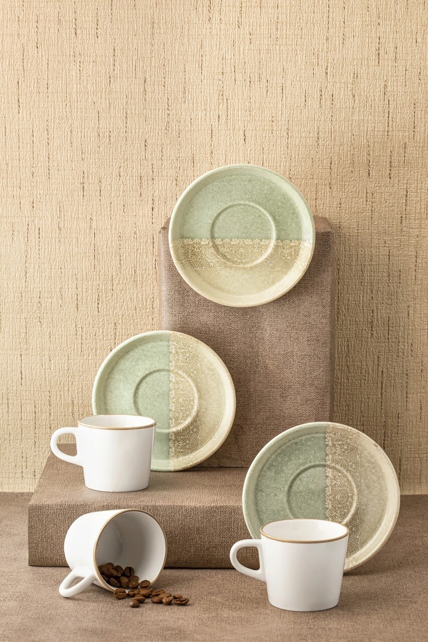 Set cesti de cafea, Noble Life, 721NBL3165, 100% PORCELAN / , Ceașcă de cafea: 90 cm (6 bucăți), Verde / Crem / Alb