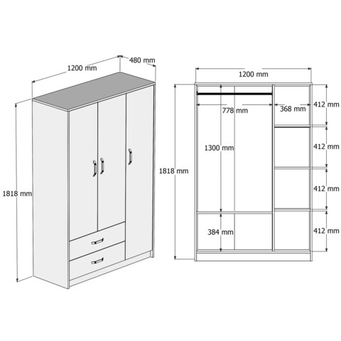 Dulap pentru haine, Mezza, Grande 3508, 120x181.8x48 cm, Stejar / Gri