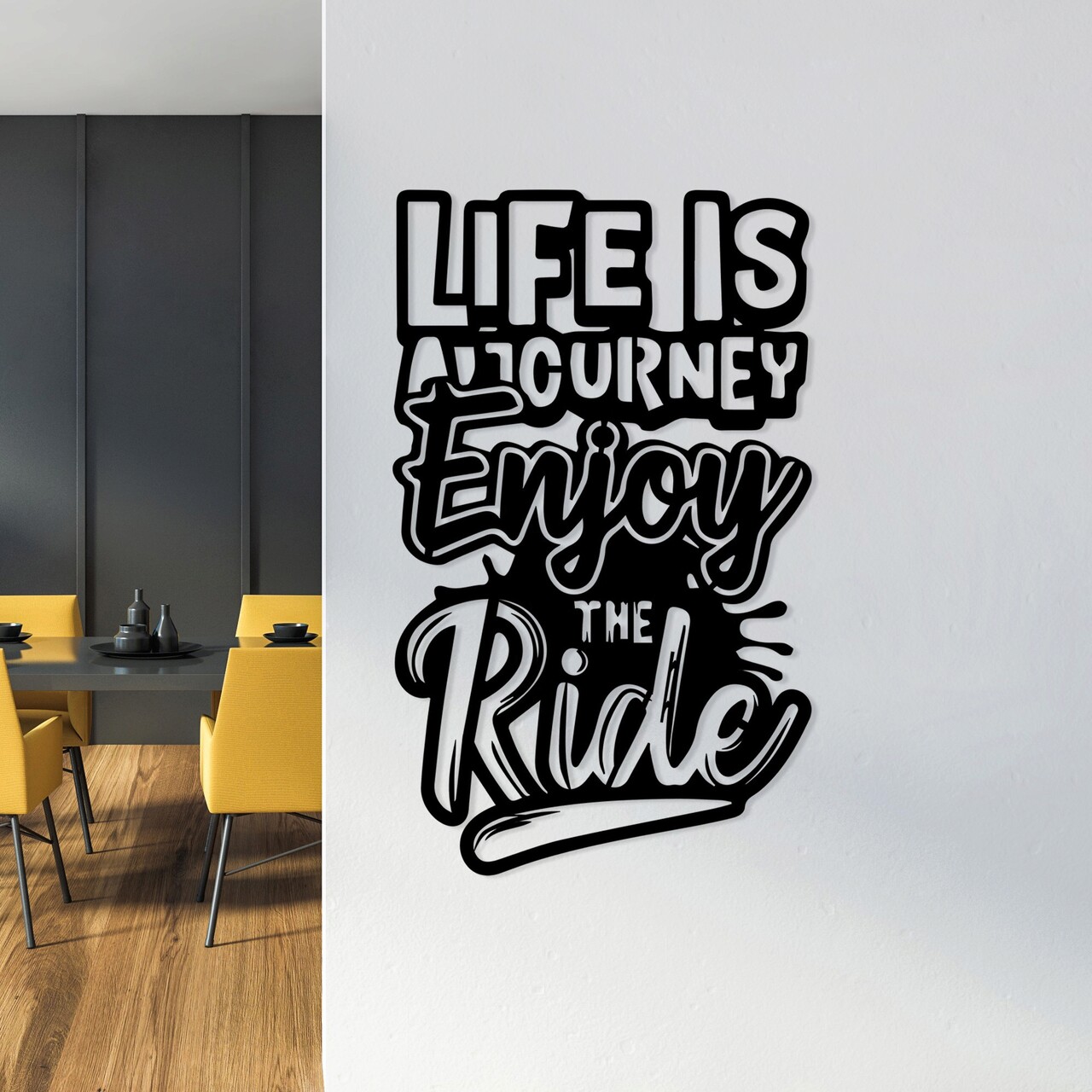 Decoratiune de perete, Lıfe Is A Journey Enjoy The Ride, Metal, Dimensiune: 42 x 70 cm, Negru