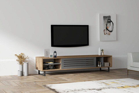 Comoda TV, Puqa Design, Eray, 160x35x40cm, 100% PAL melaminat, Nuc / Antracit