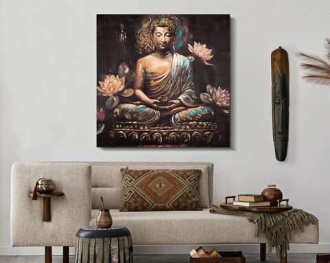 Tablou decorativ, Buddha -A, Mauro Ferretti, 100 x 100 cm, canvas imprimat si pictat/lemn de pin, multicolor