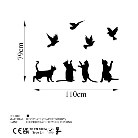 Decoratiune de perete, Birds Playing With Cats , Metal, Dimensiune: 110 x 79 cm, Negru