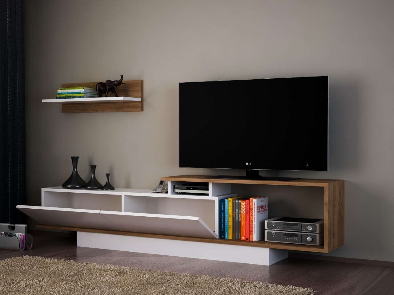 Comoda TV cu dulap, Wooden Art, Asos White Walnut - 1 | YEO