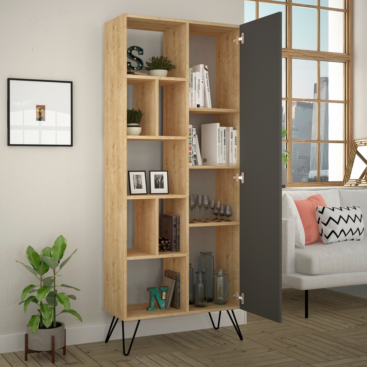 Biblioteca, Decortie, Jedda 855DTE3738, 79 x 190 x 32 cm, pal melaminat, stejar/antracit - 1 | YEO