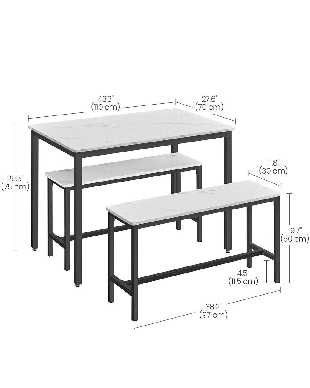 Set masa dining si 2 banci Vasagle, 110x70x75 cm/97x30x50 cm, PAL/otel, alb marmorat/negru