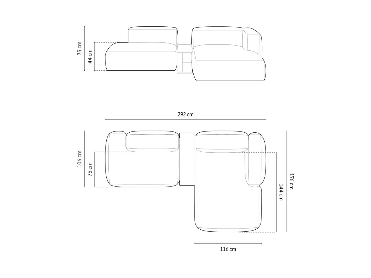 Coltar modular dreapta 2 locuri, Martina-212, Micadoni Home, 285x176x75 cm, velur, caramiziu