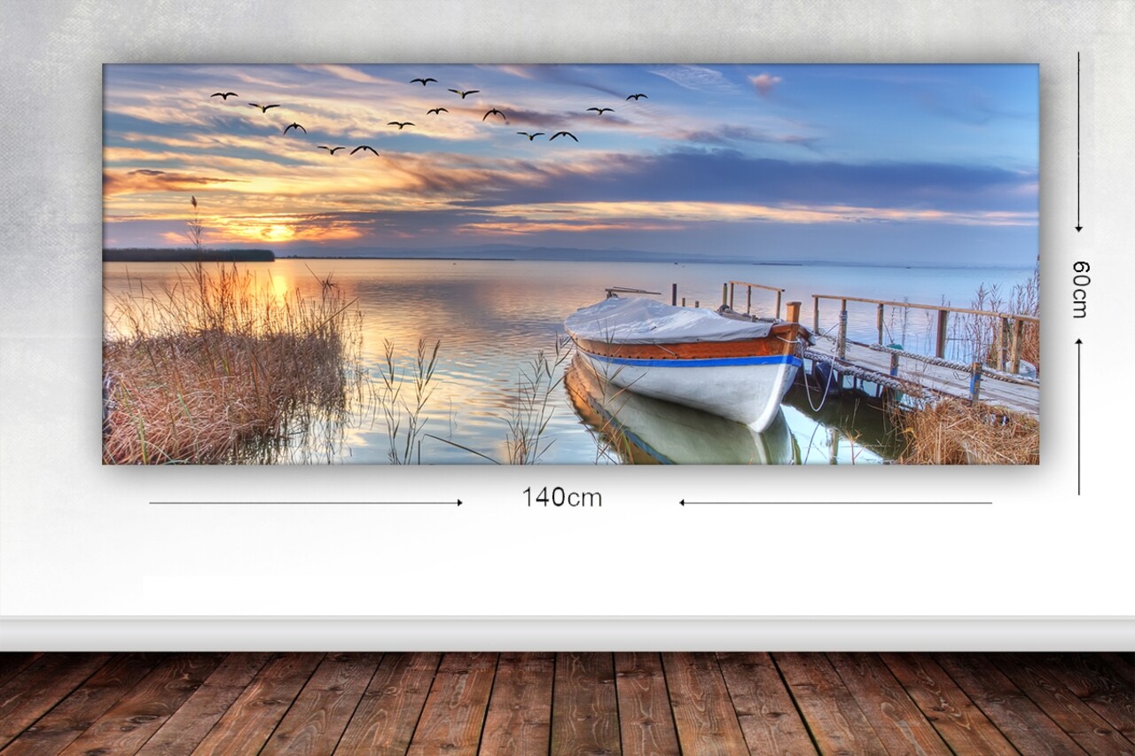 Tablou decorativ Boat And Sunset, Tablo center, 60x140 cm, canvas, multicolor