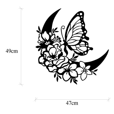 Decoratiune de perete, Butterfly And Flower 2, Metal, Dimensiune: 47 x 1,5 x 49 cm, Negru