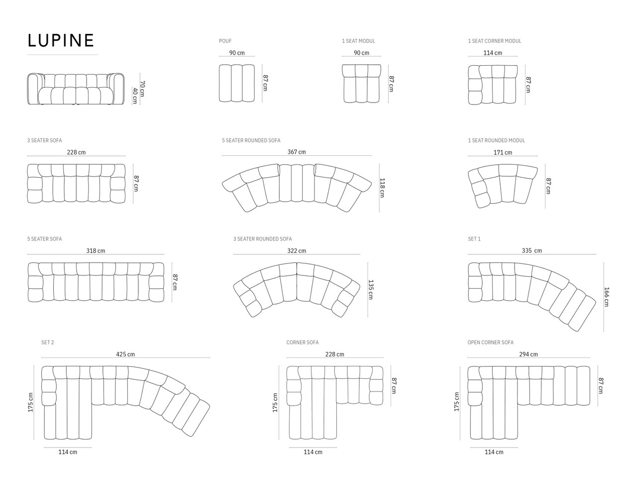 Canapea 5 locuri, Lupine, Micadoni Home, BL, 318x87x70 cm, poliester chenille, alb