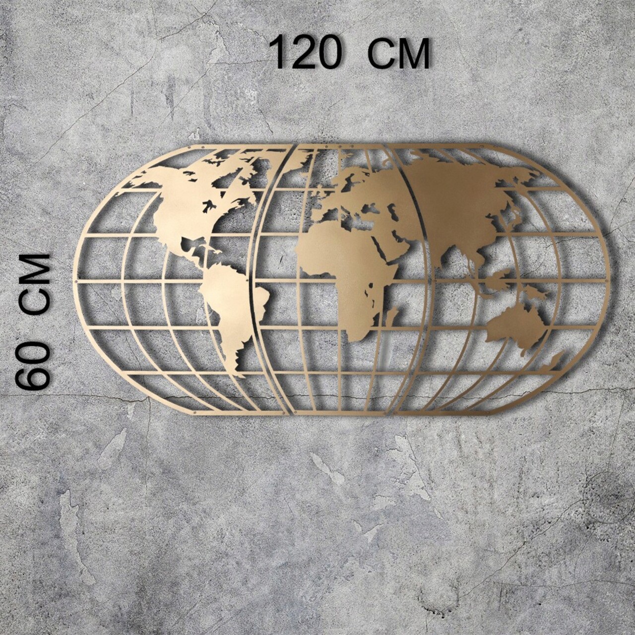 Decoratiune de perete, World Map Globe Led, Metal, Dimensiune: 60 x 120 cm, Auriu - 2 | YEO