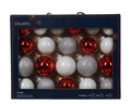 Cutie cu 21 globuri asortate Baubles, Decoris, Ø7 cm/Ø6 cm/Ø5 cm, sticla, alb/rosu