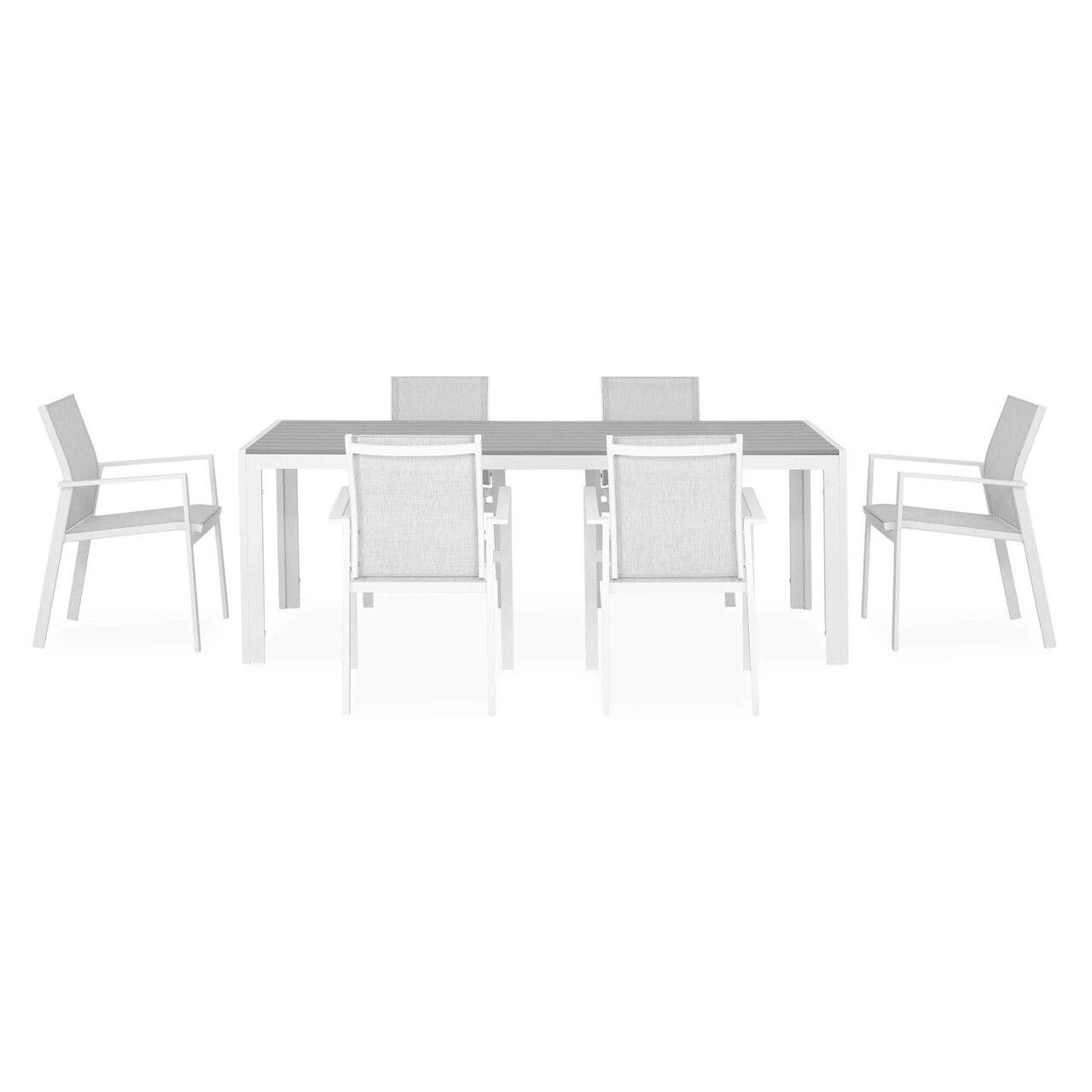 Set mobilier gradina/terasa Encore/Baria, 7 piese, 205x90x74 cm/56.5x62x86 cm, aluminiu, alb/gri