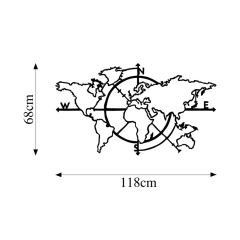 Decoratiune de perete, World Map 8, Metal, Dimensiune: 118 x 68 cm, Negru