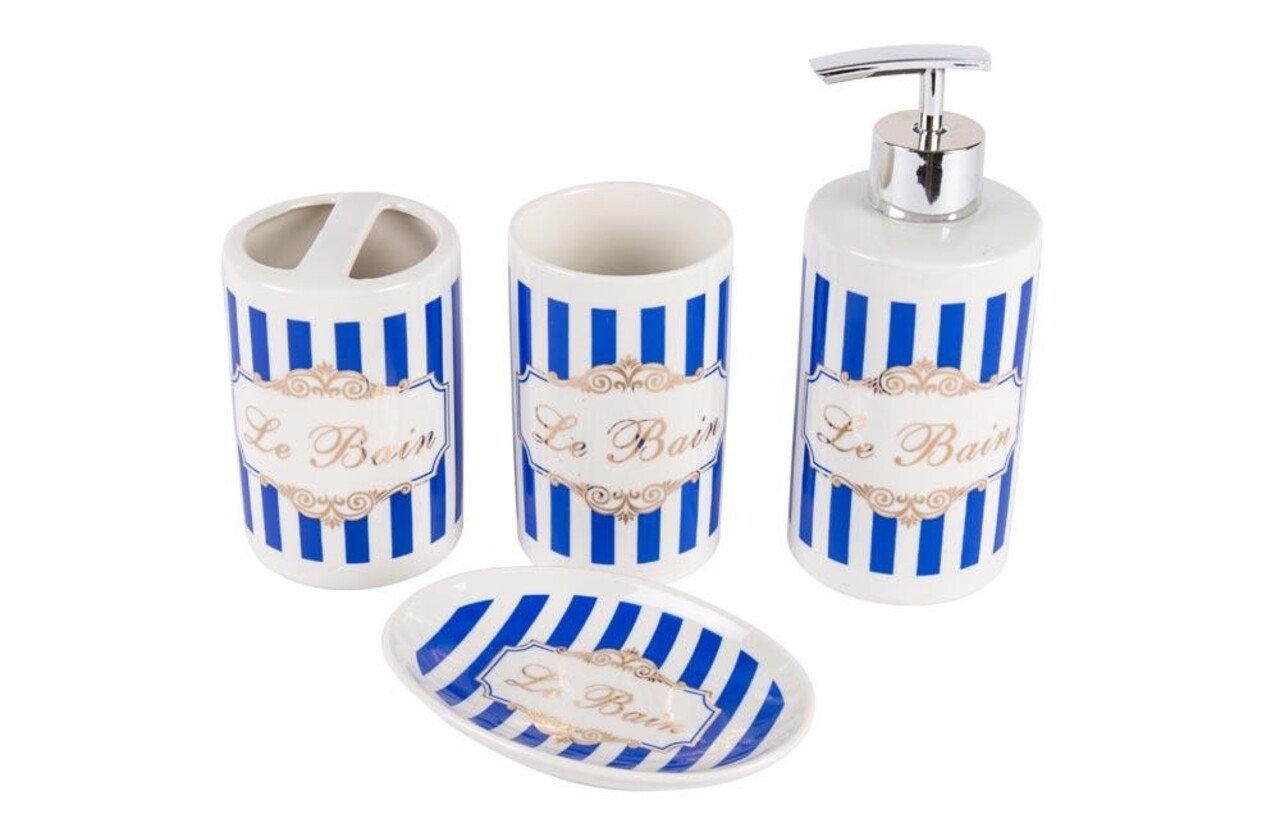 Set De Baie Le Bain, InArt, 4 Piese, Ceramica, Alb/albastru