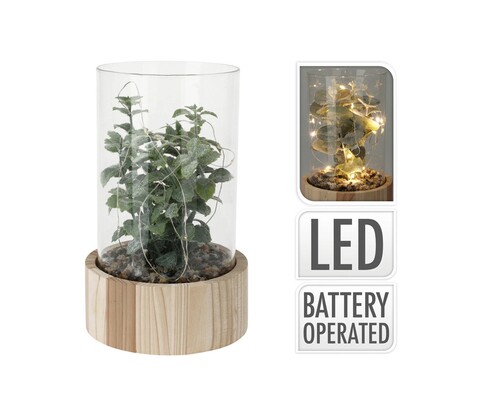 Planta artificiala cu 15 LED-uri, 14 x 14 x 23 cm, V1, sticla/lemn