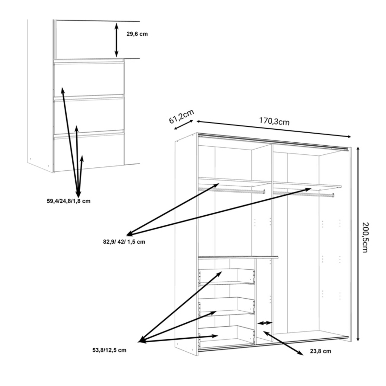 Dulap pentru haine Gotion, Pakoworld, cu 2 usi, 170.5x61x200.5 cm, PAL/aluminiu, alb