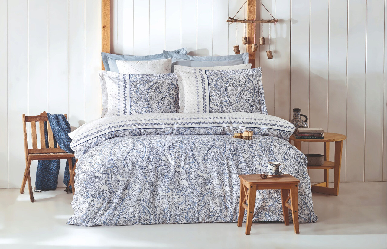 Lenjerie de pat pentru o persoana (EU) (IT), Paisley - Blue, Pearl Home, Bumbac Ranforce