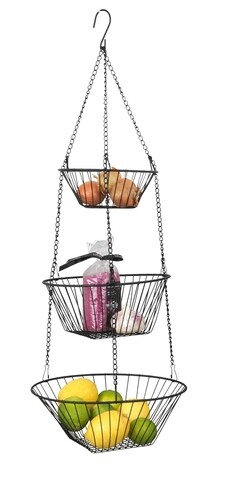 Suport cu 3 cosuri depozitare fructe/legume, Wenko, Trio Black, Ø 28 x 77 x 10 cm, metal, negru