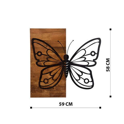 Decoratiune de perete, Butterfly3 Metal Decor, Metal, Cadru: 100% LEMN (grosime: 3 cm), Nuc negru