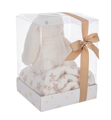 Set cadou pentru copii patura 90x75 cm + jucarie iepure 20 cm, Box Star W-Rabbit, Bizzotto, plus/poliester, bej/alb