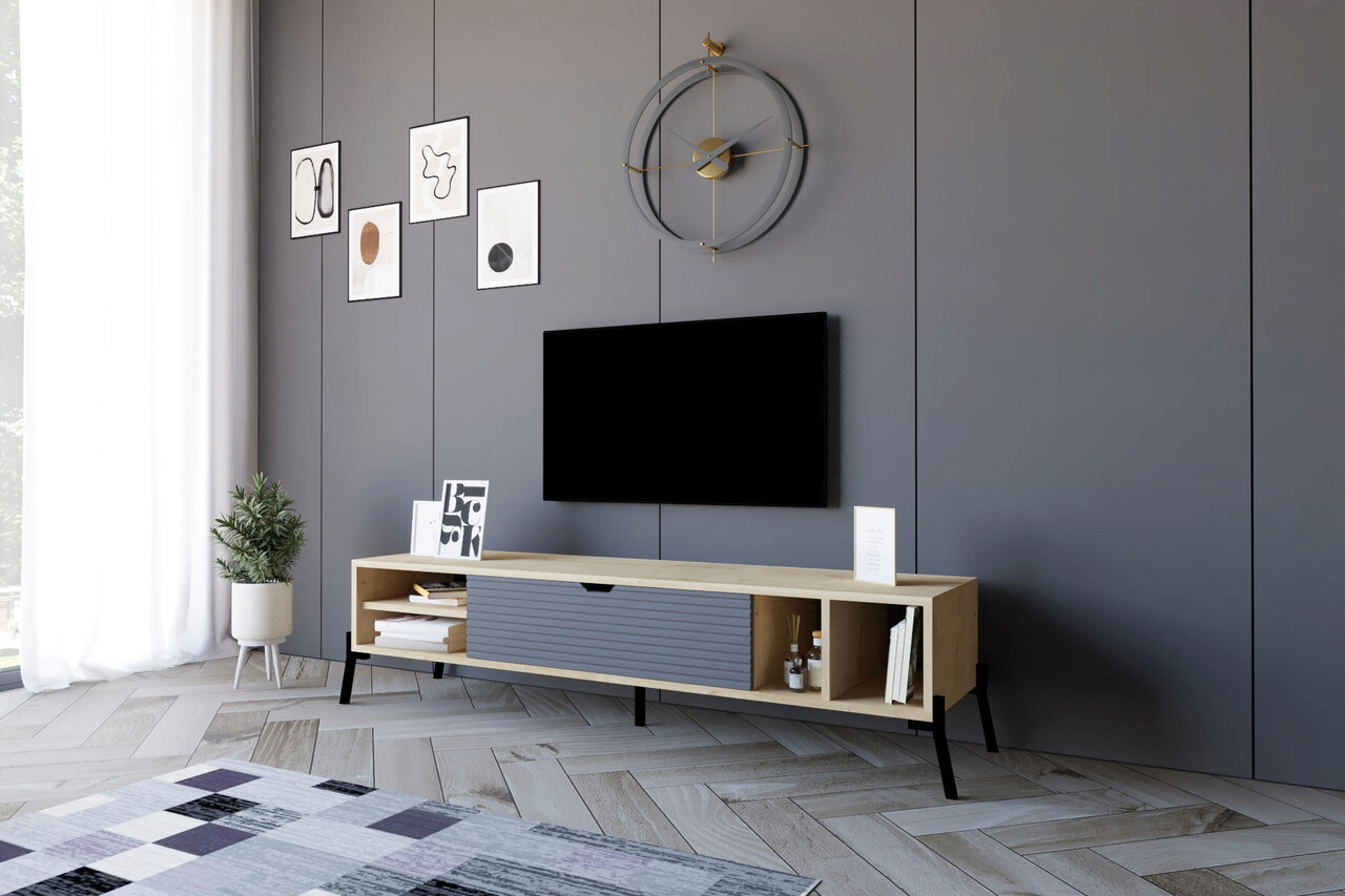 Comoda TV, Puqa Design, Ponza, 160x36x40 cm, PAL, Stejar safir / Antracit