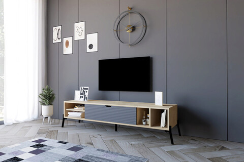 Comoda TV, Puqa Design, Ponza, 160x36x40cm, PAL melaminat, Stejar safir / Antracit
