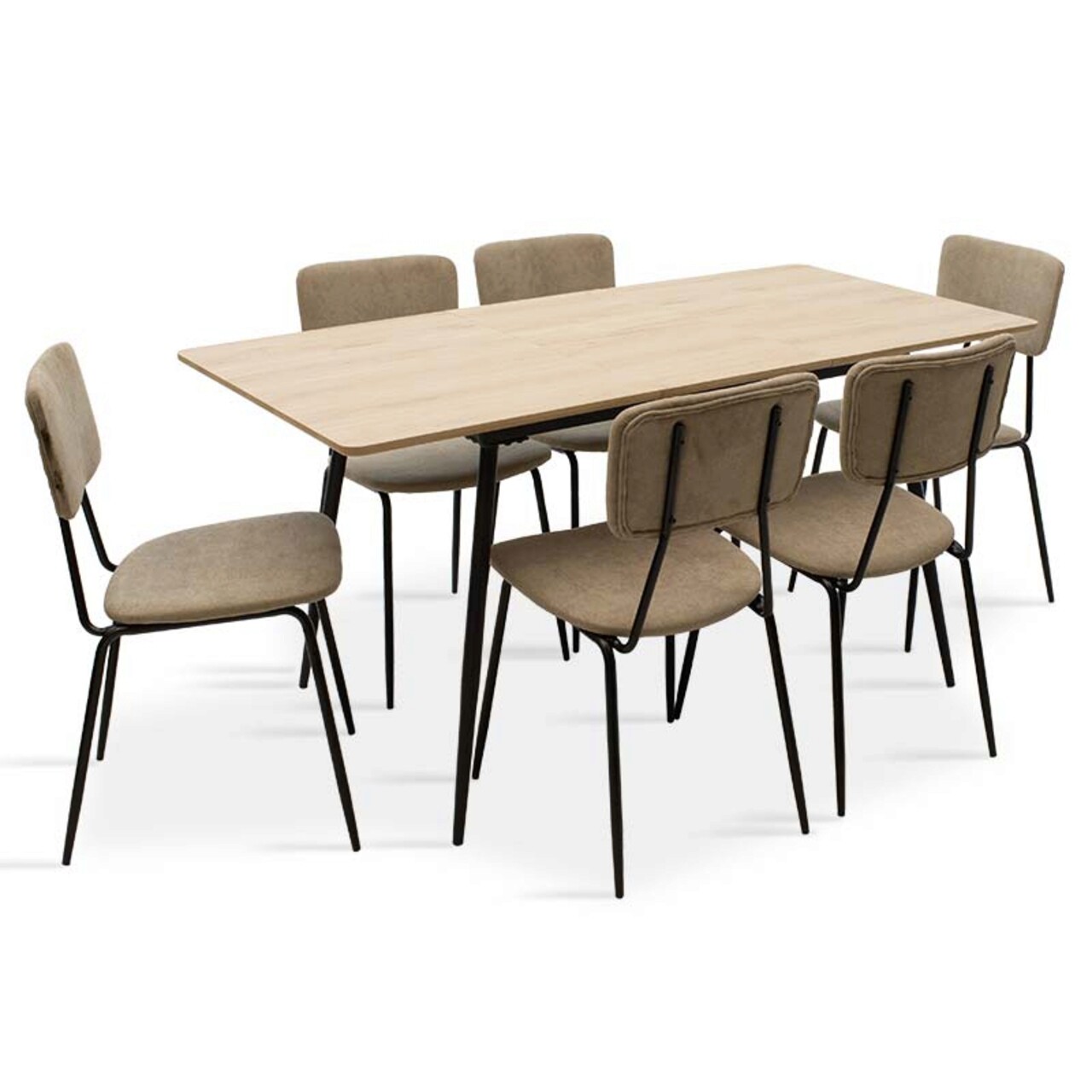 Set masa extensibila si 6 scaune Shazam-Tania, Pakoworld, 120-160x80x76 cm, MDF/fier/textil, sonoma/negru/bej