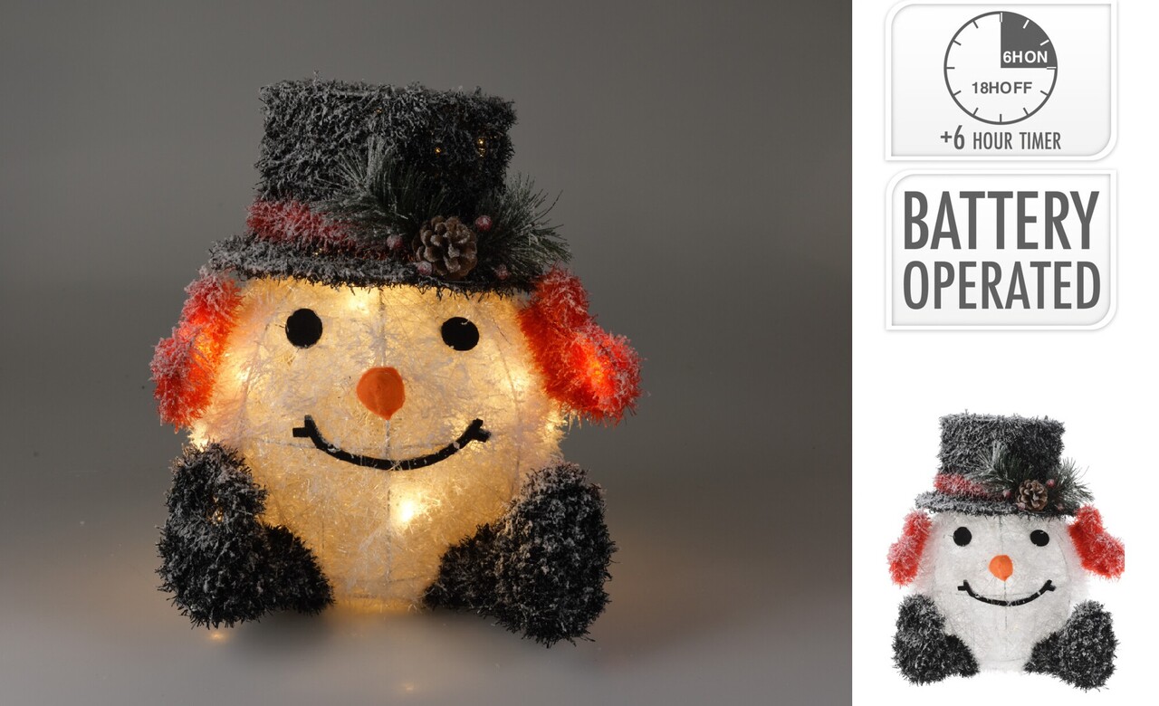 Decoratiune luminoasa cu 20 LED-uri Snowman w black hat v1, cu baterii, 33x30x35 cm, poliester, multicolor