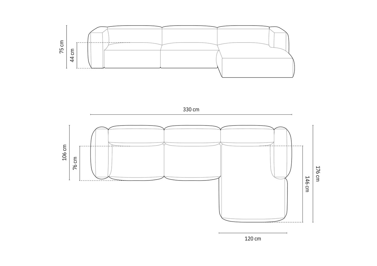 Coltar modular dreapta 3 locuri, Martina-120, Micadoni Home, 332x176x75 cm, catifea, petrol inchis