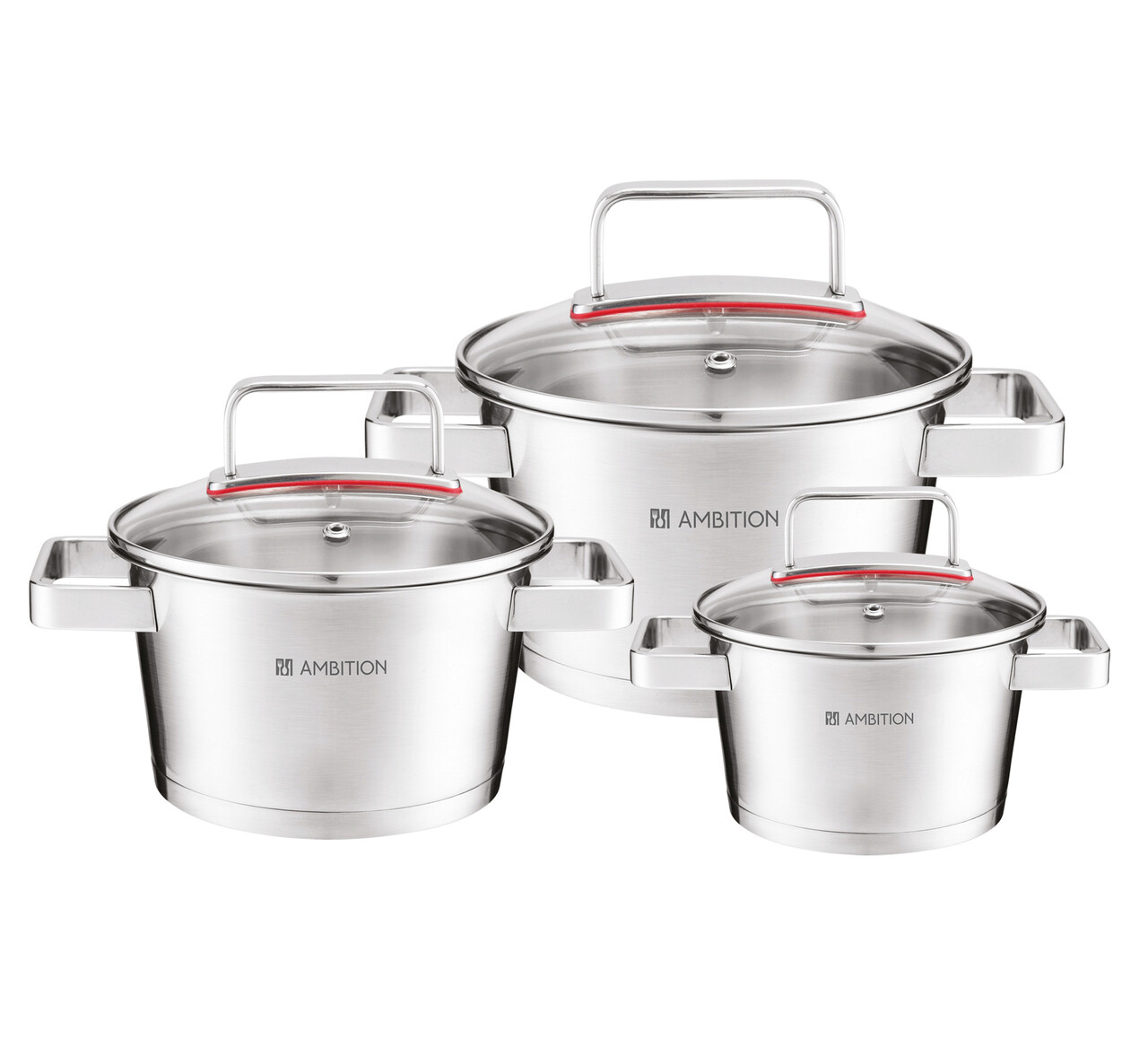 Set oale 6 piese Selection, Ambition, 16/20/24 cm, 1.6 L/3.2 L/5.3 L, inox/sticla, argintiu/transparent